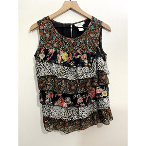 Women Mixed Floral Y2K Tiered Flow Tank Top M Boho Cottagecore Prairie Bloom Art